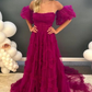 Trägerloses, langes Ballkleid aus Tüll mit Rüschenverzierungen und Ballonärmeln nv1306