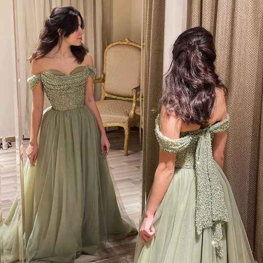 Elegant Off Shoulder Sage Green Evening Dress Luxury Beaded Arabic Long Formal Party Gown nv1194
