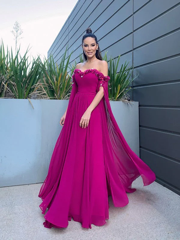 A-Linie/Elegant Chiffon Bodenlang Lange Ärmel Rüschen Off-the-Shoulder Ballkleider nv1304
