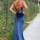 Rückenfreies Meerjungfrau-Ballkleid aus marineblauem Samt mit hohem Schlitz, nv1314