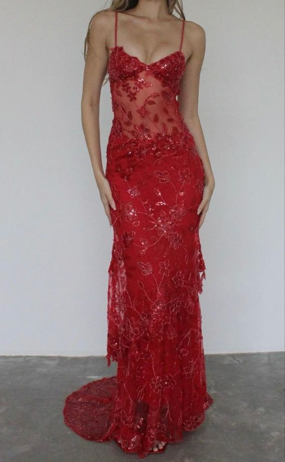 Red fashion sexy elegant lace spaghetti strap long birthday party dress prom dress evening dress nv1355