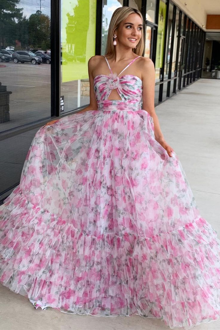 Robe de bal longue à imprimé floral rose A-Line Halter Hole nv1345