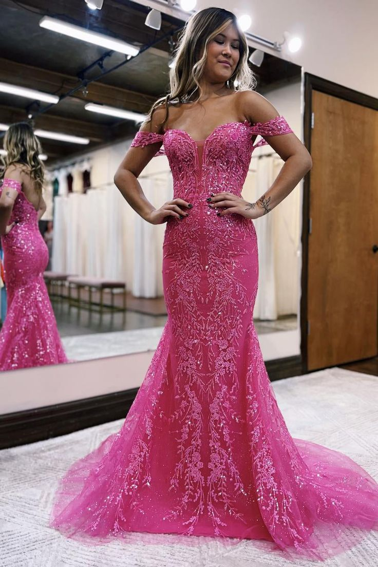 Hot Pink Off the Shoulder Pailletten Spitze Langes Meerjungfrau Ballkleid nv1357