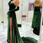 Robe de bal longue en velours vert émeraude avec traîne et fente haute nv1382