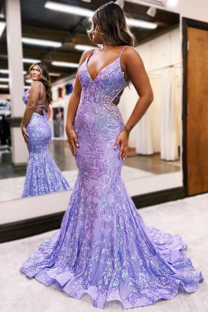 Meerjungfrau-Kleid mit V-Ausschnitt, Pailletten und Spitze, Blau, lang, nv1361