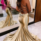 Goldenes langes Meerjungfrauen-Ballkleid mit V-Ausschnitt und Cut-Out nv1264