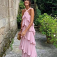 A-Linie Träger Stufen Chiffon Bodenlang Langes Ballkleid Rosa Abendkleider nv1297