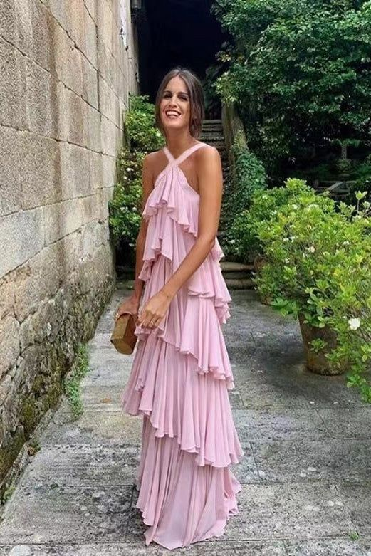 A-Linie Träger Stufen Chiffon Bodenlang Langes Ballkleid Rosa Abendkleider nv1297