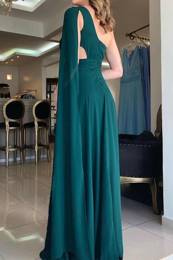 Robe de bal longue élégante en mousseline de soie verte à une épaule avec fente haute, robe de soirée formelle de remise de diplôme verte à une épaule nv1340
