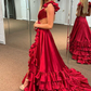 Robe de bal longue rouge à volants croisés et couches hautes-bas nv1293