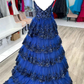 Königsblaues langes Ballkleid mit Blumenmuster, mehreren Lagen, Paillettenträgern, nv1232