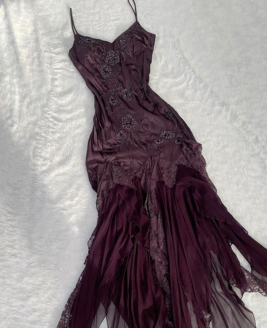 Dunkelviolettes, modisches, exquisites, mit Perlen besetztes Spaghettiträger-Abendkleid aus langem Satin mit Ballkleid und Partykleid nv1376
