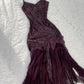 Dunkelviolettes, modisches, exquisites, mit Perlen besetztes Spaghettiträger-Abendkleid aus langem Satin mit Ballkleid und Partykleid nv1376