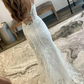 Robe de bal longue élégante en dentelle florale blanc cassé à col rond et lacets style sirène nv1146