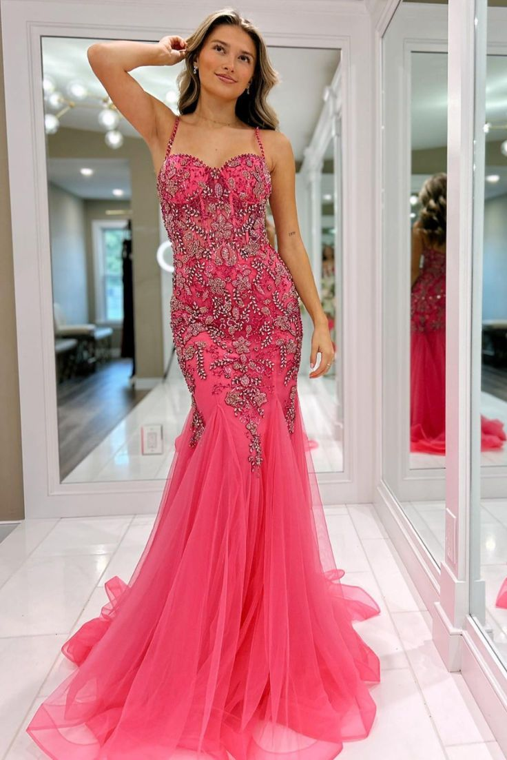 Robe longue à bretelles spaghetti et perles roses nv1366