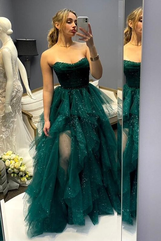 Sparkly Navy Blue Strapless Ruffle Layers Tulle Long Prom Dress nv1347