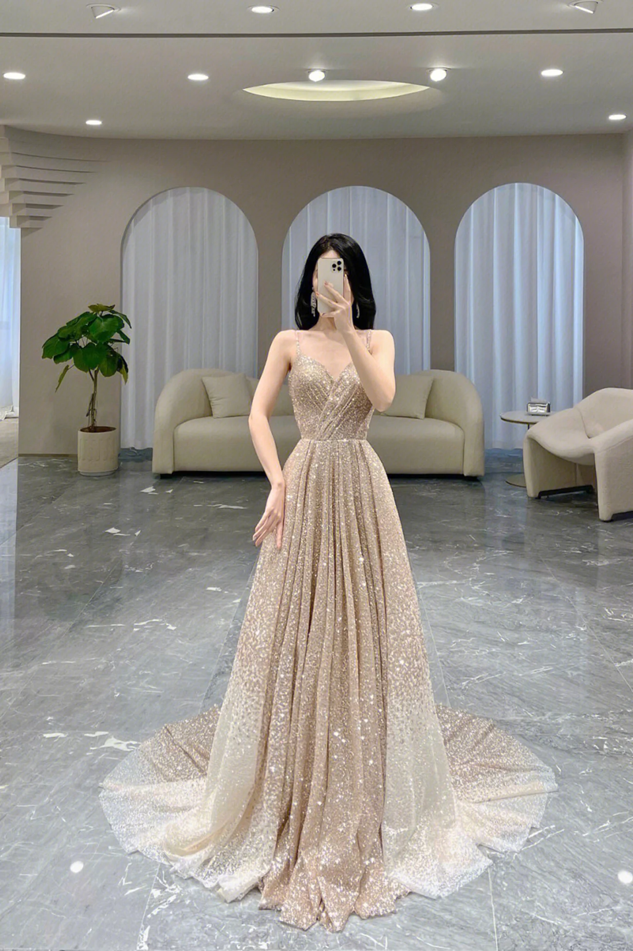 Gold funkelnde Pailletten A-Linie langes Ballkleid V-Ausschnitt Abendkleid nv1064