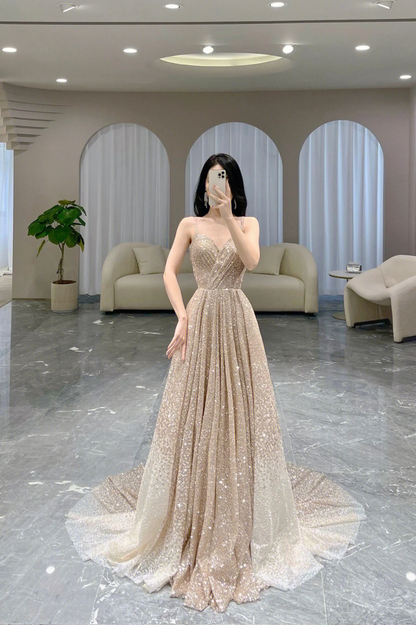 Gold funkelnde Pailletten A-Linie langes Ballkleid V-Ausschnitt Abendkleid nv1064