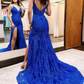 Elegantes langes Meerjungfrau-Ballkleid in Königsblau mit V-Ausschnitt und Schlitz, ärmellos, Spitze, nv1071