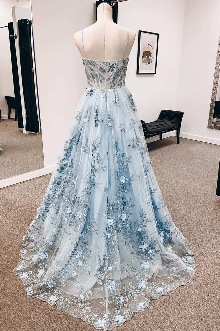 Blue 3D Floral Lace Sweetheart A-Line Long Prom Dress nv1077