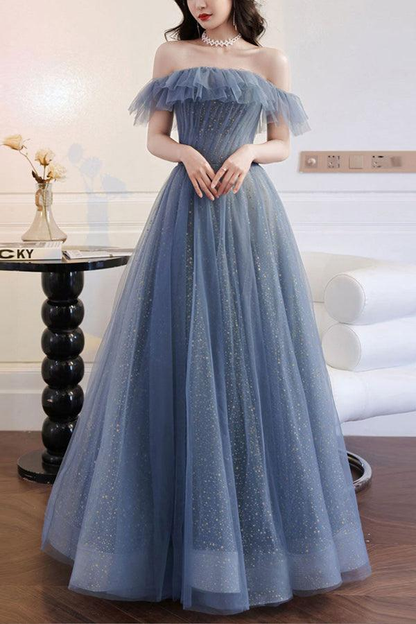 Robe de soirée longue à épaules dénudées en tulle gris et bleu nv1068
