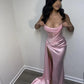 Rosa elegantes trägerloses, hochgeschlitztes, langes, enges Ballkleid, Abendkleid NV1061