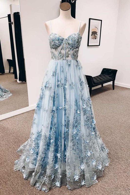 Blue 3D Floral Lace Sweetheart A-Line Long Prom Dress nv1077