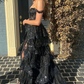 Black Off The Shoulder Tiered Prom Dress Lace Evening Dress  nv1060