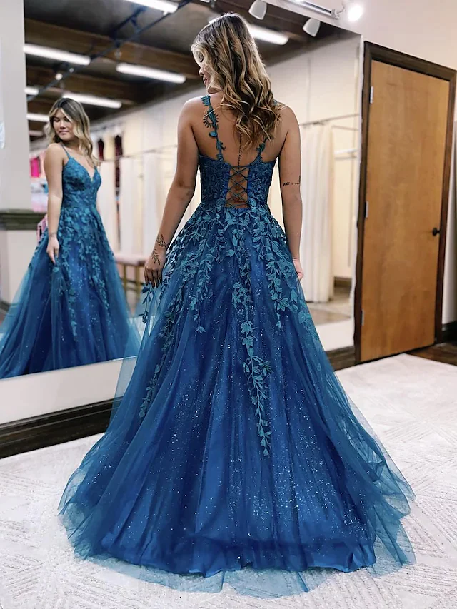 Ballkleid, funkelndes A-Linien-Ballkleid, formelles Kleid mit V-Ausschnitt und Glitzerapplikationen nv1065