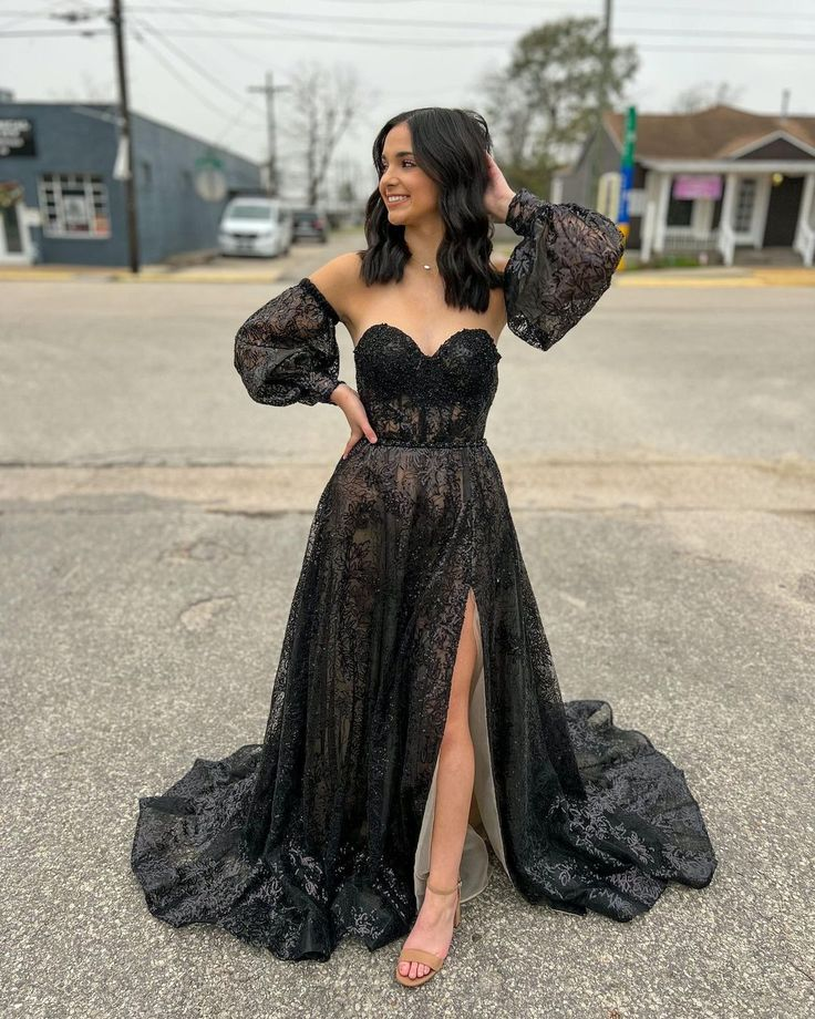 Cute A Line Sweetheart Black Sequins Long Prom Dresses  nv1080
