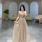 Gold funkelnde Pailletten A-Linie langes Ballkleid V-Ausschnitt Abendkleid nv1064