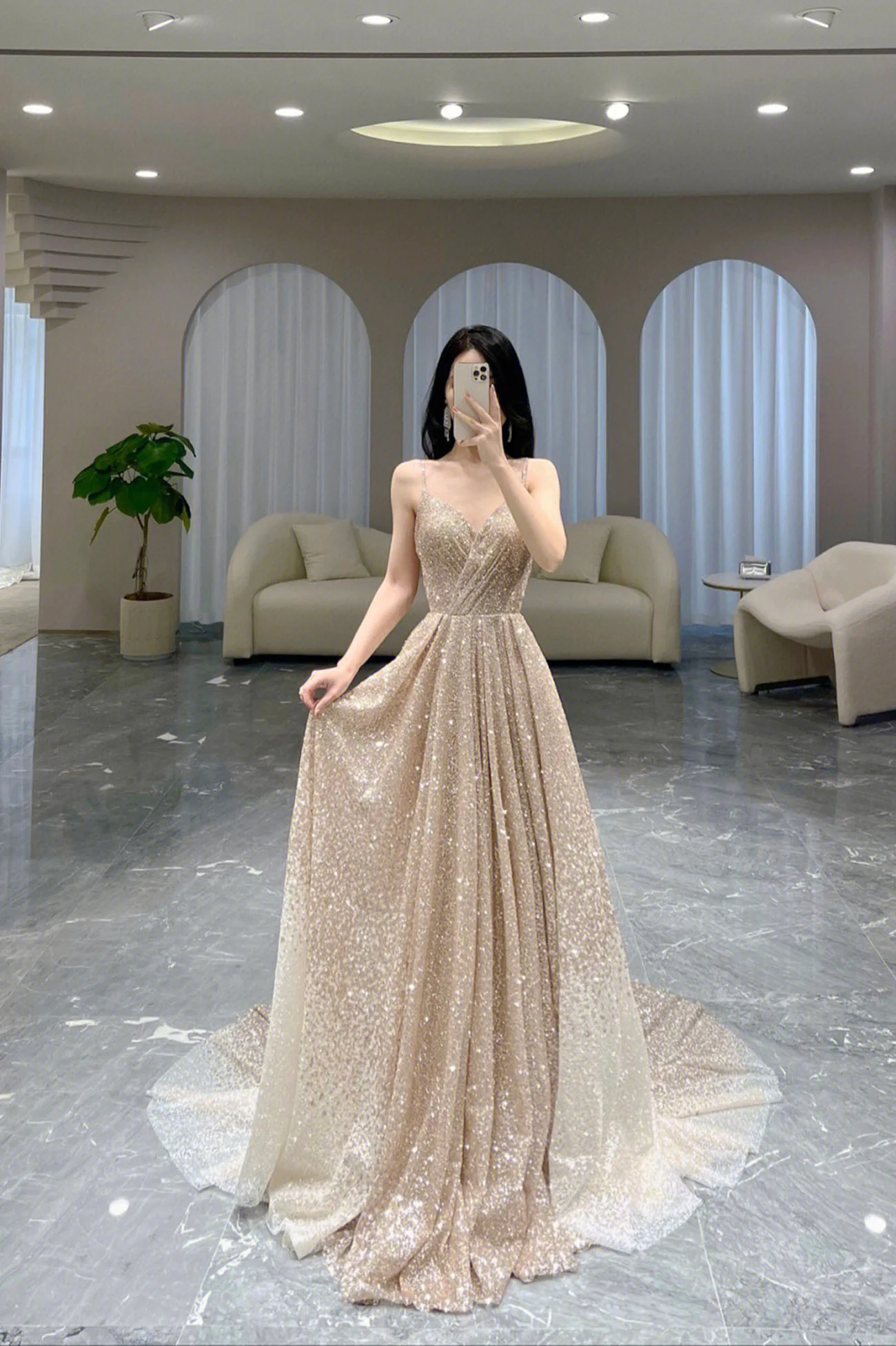 Gold funkelnde Pailletten A-Linie langes Ballkleid V-Ausschnitt Abendkleid nv1064