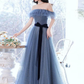 Robe de soirée longue à épaules dénudées en tulle gris et bleu nv1068