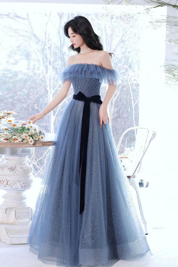 Robe de soirée longue à épaules dénudées en tulle gris et bleu nv1068