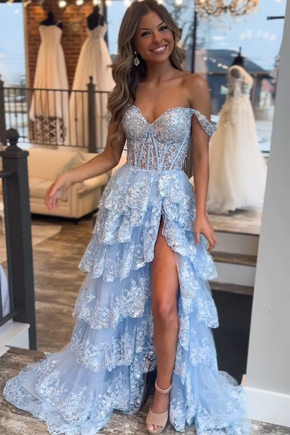 Black Off The Shoulder Tiered Prom Dress Lace Evening Dress  nv1060