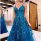 Ballkleid, funkelndes A-Linien-Ballkleid, formelles Kleid mit V-Ausschnitt und Glitzerapplikationen nv1065