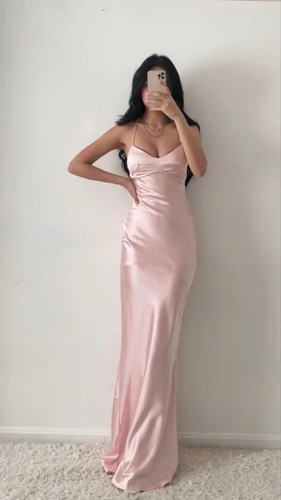 Robe de soirée longue en satin rose élégante et sexy, à bretelles, longueur au sol, robe de bal, robe de soirée nv3707