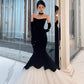 Black Luxury Mermaid Velvet Evening Gown Long Ball Gown with Gloves Evening Dress Party Dress nv2272