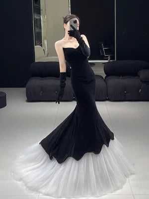 Black Luxury Mermaid Velvet Evening Gown Long Ball Gown with Gloves Evening Dress Party Dress nv2272