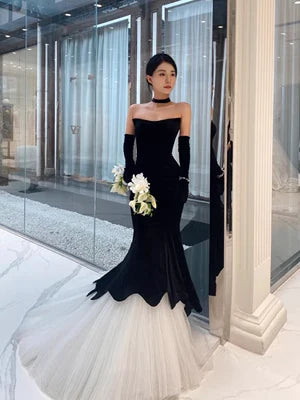 Black Luxury Mermaid Velvet Evening Gown Long Ball Gown with Gloves Evening Dress Party Dress nv2272