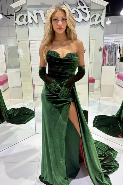 Robe de bal longue en velours vert émeraude avec traîne et fente haute nv1382