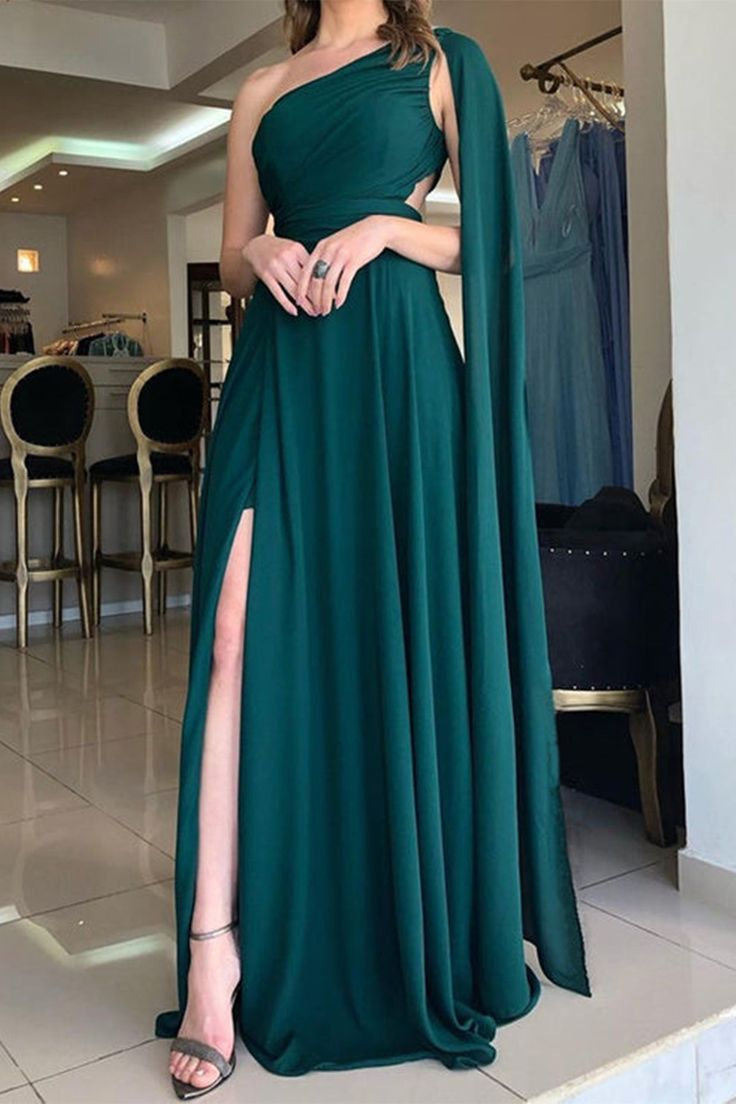 Robe de bal longue élégante en mousseline de soie verte à une épaule avec fente haute, robe de soirée formelle de remise de diplôme verte à une épaule nv1340