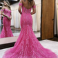 Hot Pink Off the Shoulder Pailletten Spitze Langes Meerjungfrau Ballkleid nv1357