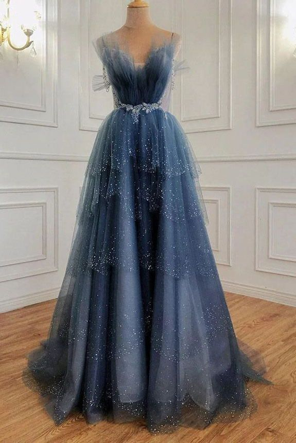 Blue gorgeous shiny elegant applique long tulle ball gown evening gown graduation dress nv55