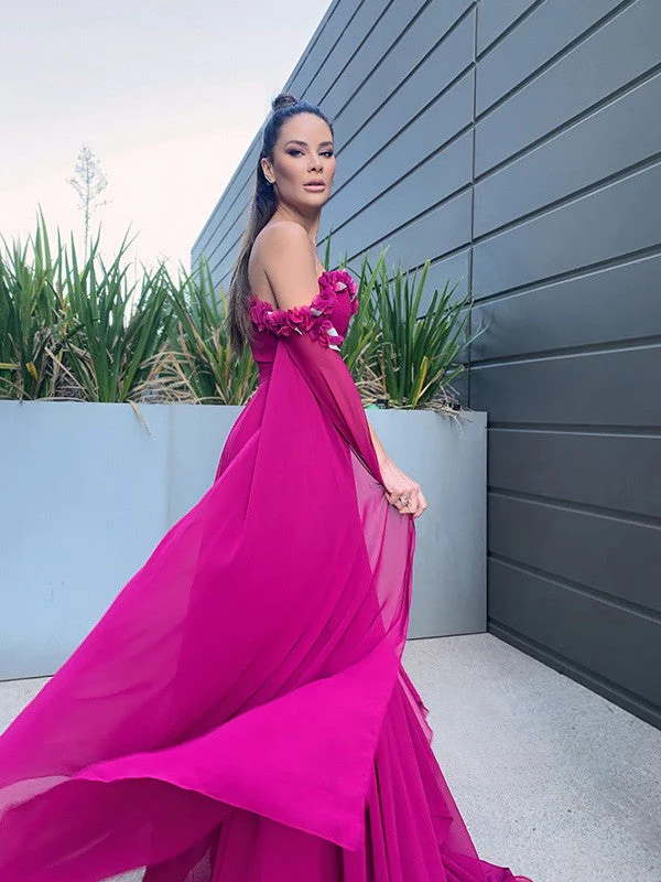 A-Linie/Elegant Chiffon Bodenlang Lange Ärmel Rüschen Off-the-Shoulder Ballkleider nv1304