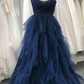 Sparkly Navy Blue Strapless Ruffle Layers Tulle Long Prom Dress nv1347