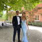 Hellblaues langes Ballkleid mit tiefem V-Ausschnitt, nv1329