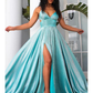 Sexy rückenfreies, blaues langes Ballkleid mit Schlitz in A-Linie, NV1341