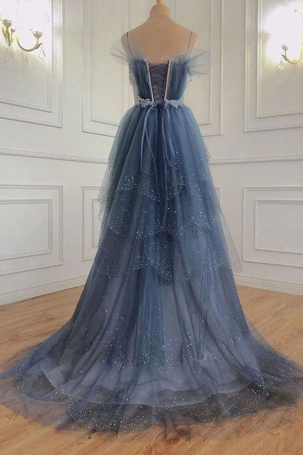 Blue gorgeous shiny elegant applique long tulle ball gown evening gown graduation dress nv55