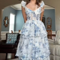 Robe de bal élégante à bretelles et motif floral bleu longue nv1399